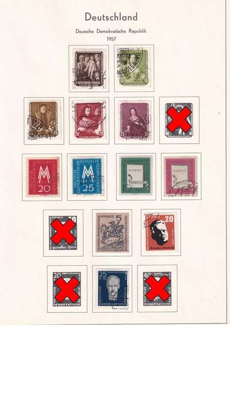 Used Germany DDR stamps on album page. 1 bid for all. Red cross stamp not available.