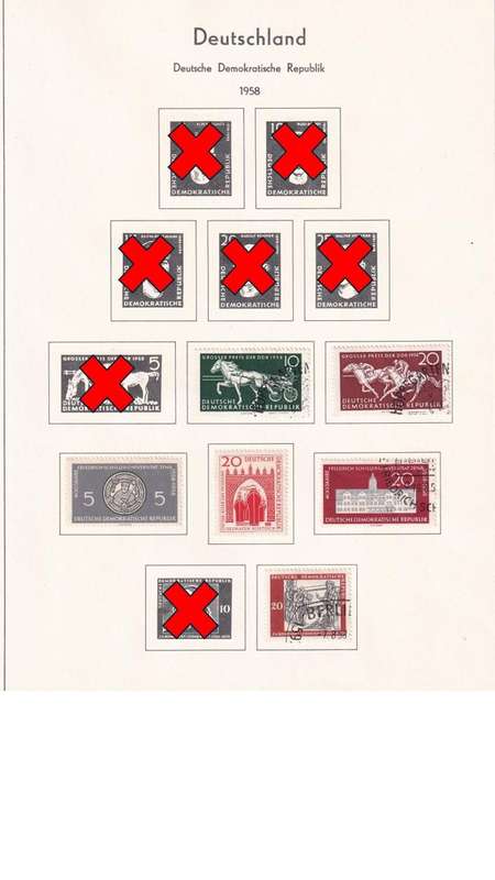 Used Germany DDR stamps on album page. 1 bid for all. Red crosses stamps not available.