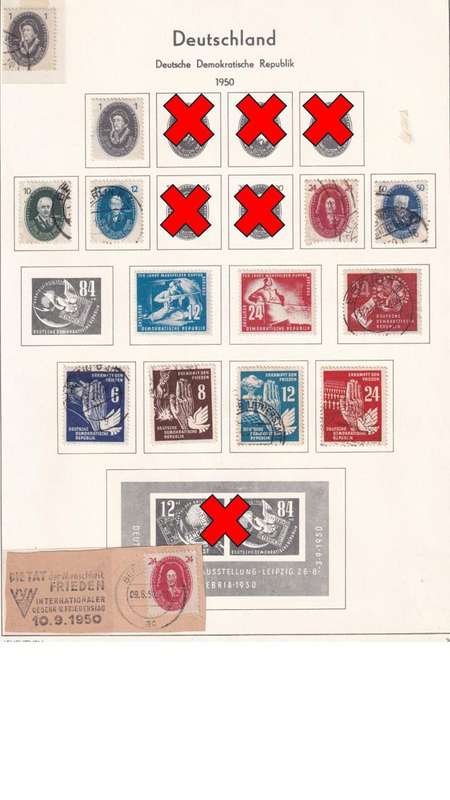 Used Germany DDR stamps on album page. 1 bid for all. Red cross, stamps not available.
