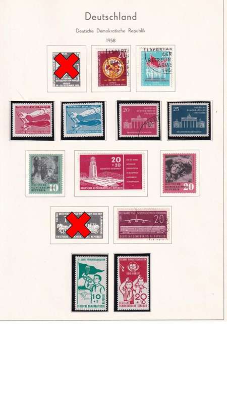 Used Germany DDR stamps on album page. 1 bid for all. Red cross stamp not available.