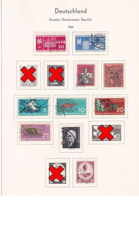 Used Germany DDR stamps on album page. 1 bid for all. Red cross stamps not available.