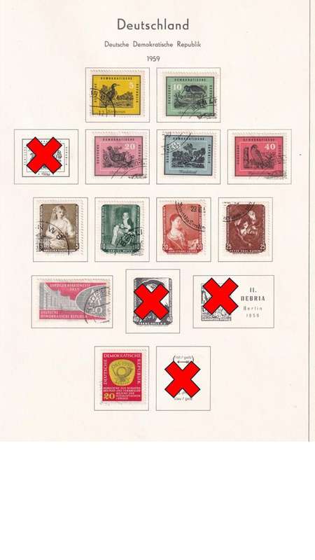 Used Germany DDR stamps on album page. 1 bid for all. Red cross stamp not available.