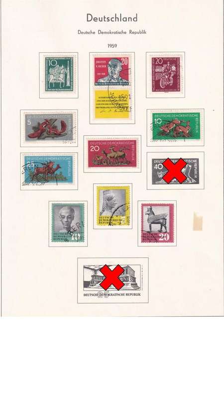 Used Germany DDR stamps on album page. 1 bid for all. Red cross stamps not available.