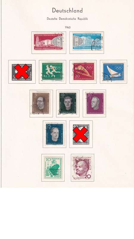 Used Germany DDR stamps on album page. 1 bid for all. Red cross stamps not available.