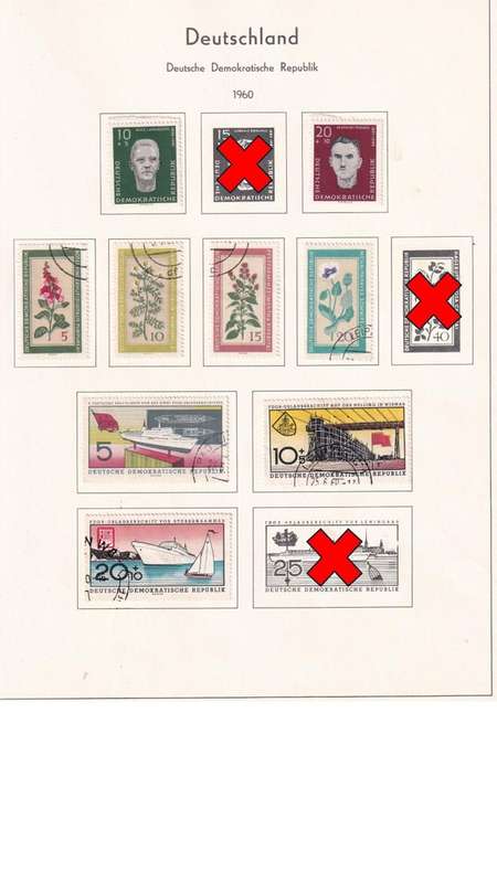 Used Germany DDR stamps on album page. 1 bid for all. Red cross stamps not available.