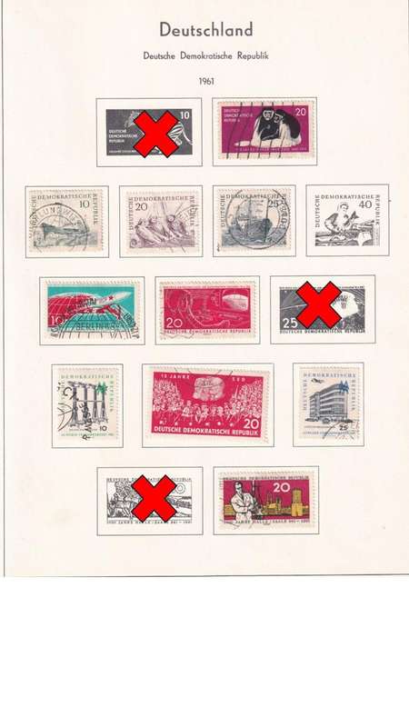 Used Germany DDR stamps on album page. 1 bid for all. Red cross stamps not available.