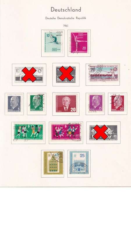 Used Germany DDR stamps on album page. 1 bid for all. Red cross stamps not available.