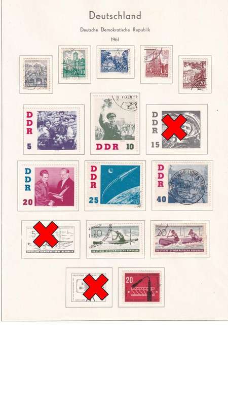 Used Germany DDR stamps on album page. 1 bid for all. Red cross stamps not available.