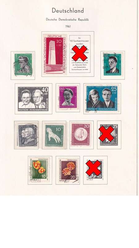 Used Germany DDR stamps on album page. 1 bid for all. Red cross stamps not available.