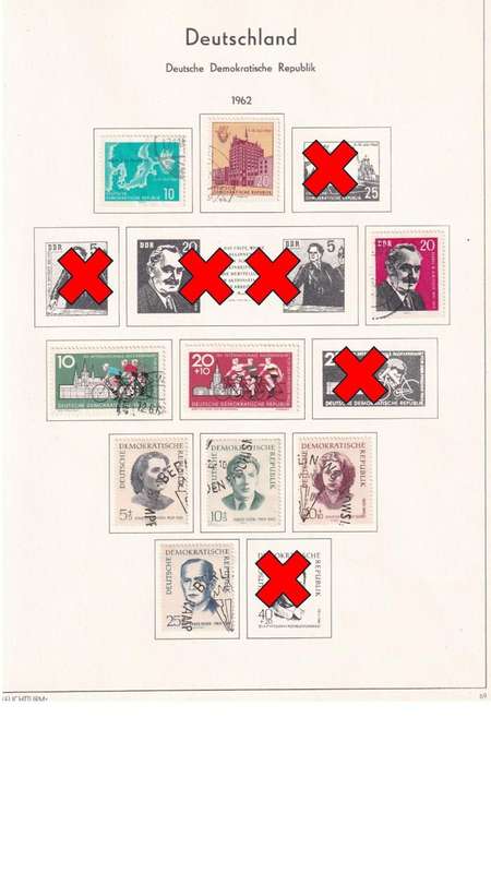 Used Germany DDR stamps on album page. 1 bid for all. Red cross stamps not available.