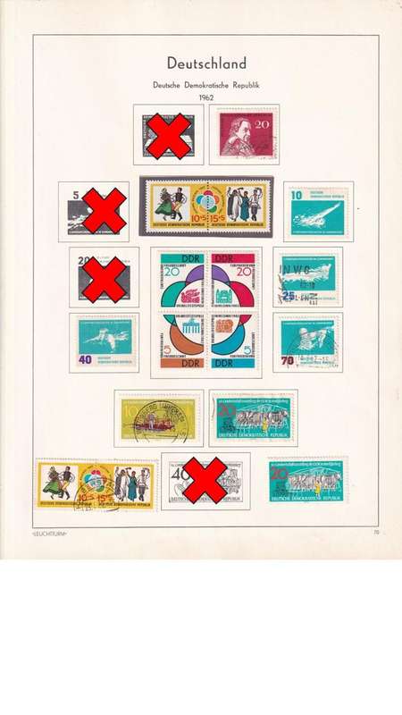 Used Germany DDR stamps on album page. 1 bid for all. Red cross stamps not available.