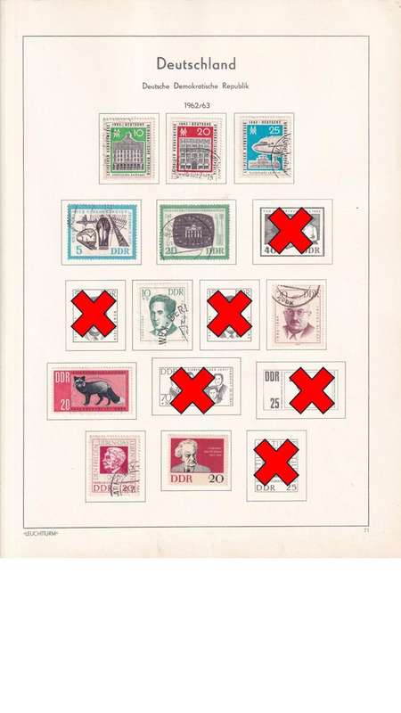 Used Germany DDR stamps on album page. 1 bid for all. Red cross stamps not available.