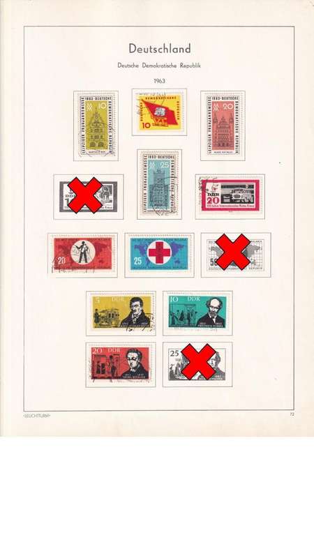 Used Germany DDR stamps on album page. 1 bid for all. Red cross stamps not available.