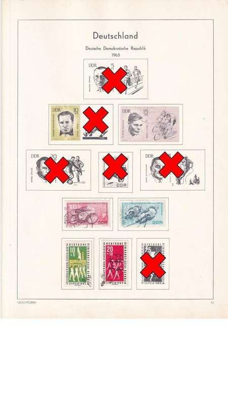 Used Germany DDR stamps on album page. 1 bid for all. Red cross stamps not available.