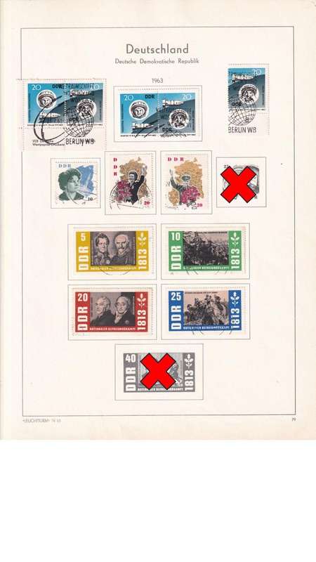 Used Germany DDR stamps on album page. 1 bid for all. Red cross stamps not available.