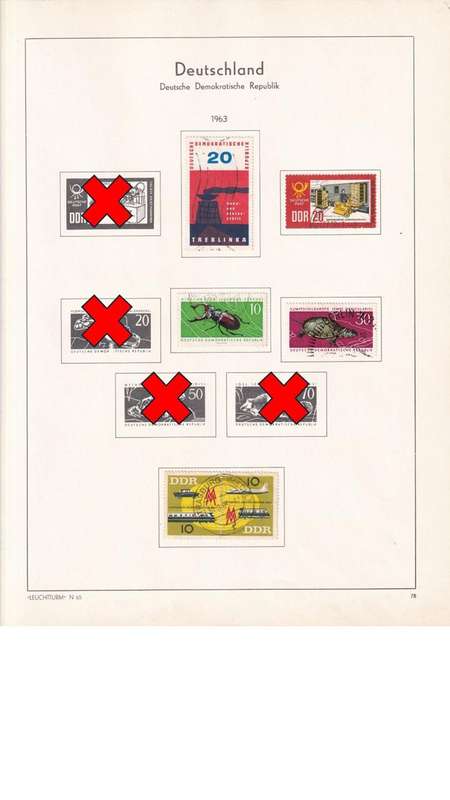 Used Germany DDR stamps on album page. 1 bid for all. Red cross stamps not available.