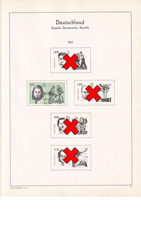 Used Germany DDR stamps on album page. 1 bid for all. Red cross stamps not available.