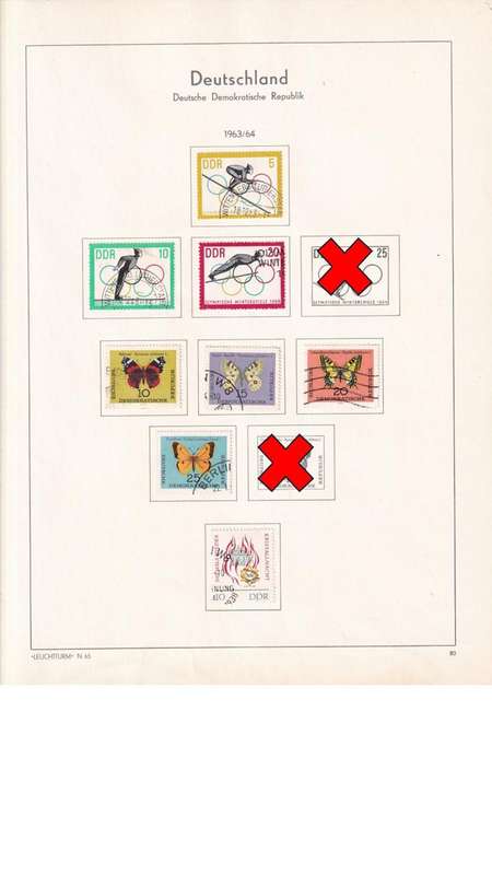 Used Germany DDR stamps on album page. 1 bid for all. Red cross stamps not available.
