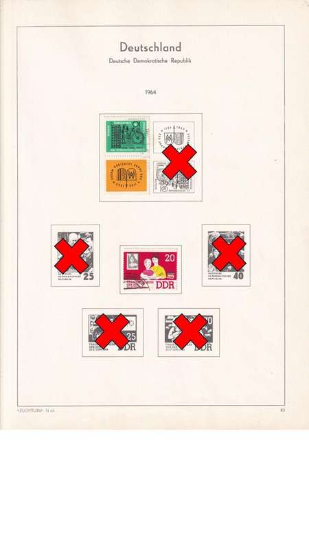 Used Germany DDR stamps on album page. 1 bid for all. Red cross stamps not available.