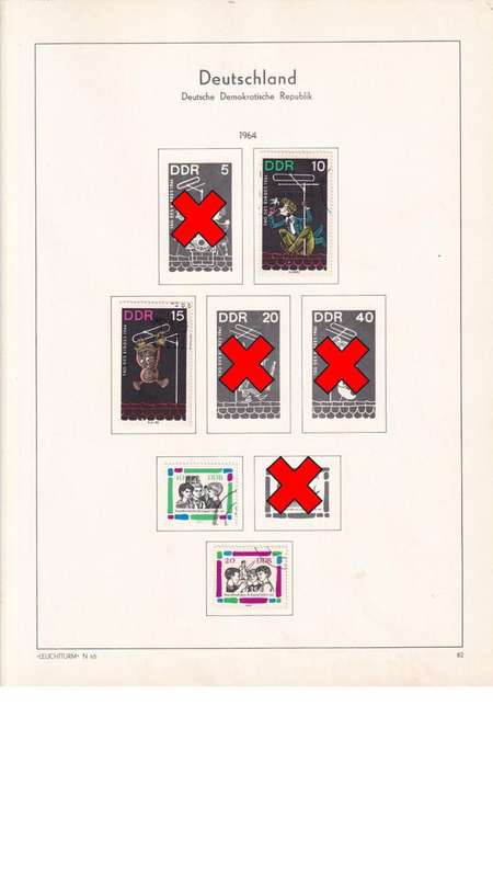 Used Germany DDR stamps on album page. 1 bid for all. Red cross stamps not available.