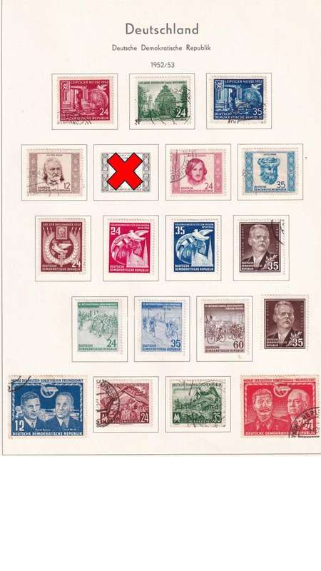 Used Germany DDR stamps on album page. 1 bid for all. Red cross, stamp not available.