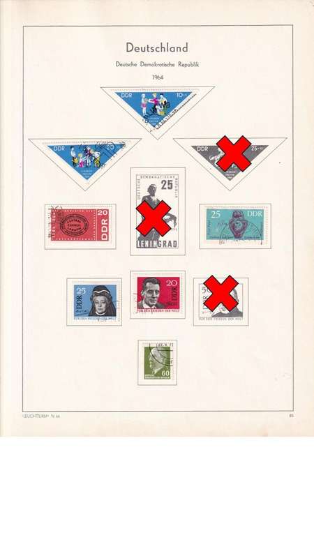 Used Germany DDR stamps on album page. 1 bid for all. Red cross stamps not available.