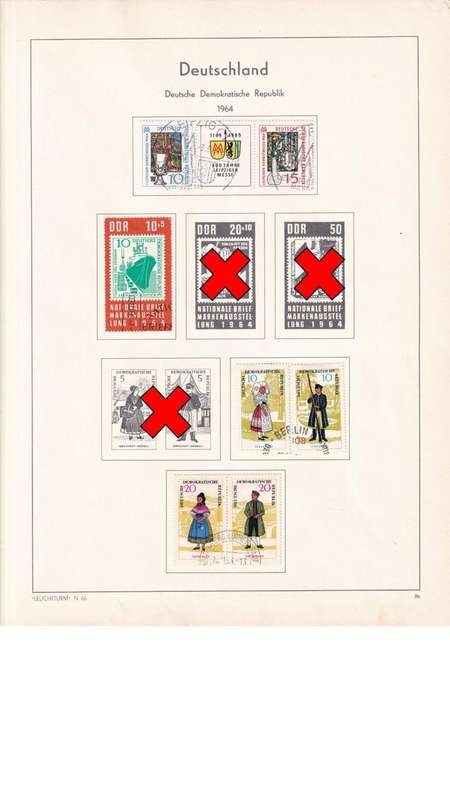 Used Germany DDR stamps on album page. 1 bid for all. Red cross stamps not available.