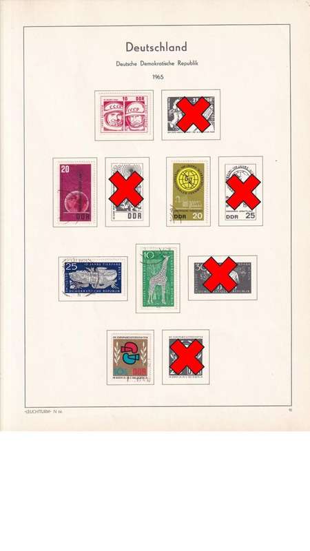 Used Germany DDR stamps on album page. 1 bid for all. Red cross stamps not available.