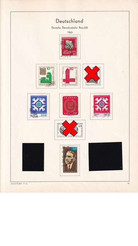 Used Germany DDR stamps on album page. 1 bid for all. Red cross stamps not available.