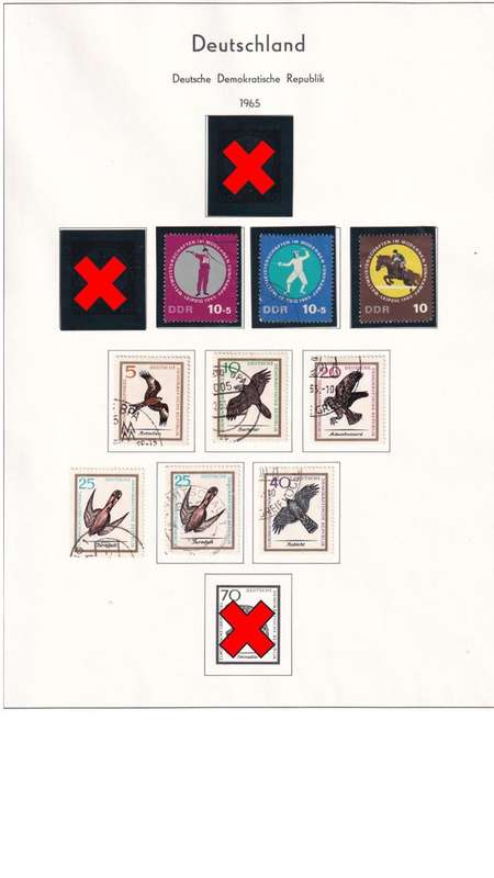 Used Germany DDR stamps on album page. 1 bid for all. Red cross stamps not available.