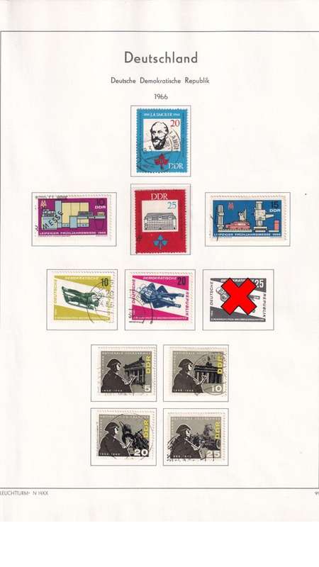 Used Germany DDR stamps on album page. 1 bid for all. Red cross stamps not available.