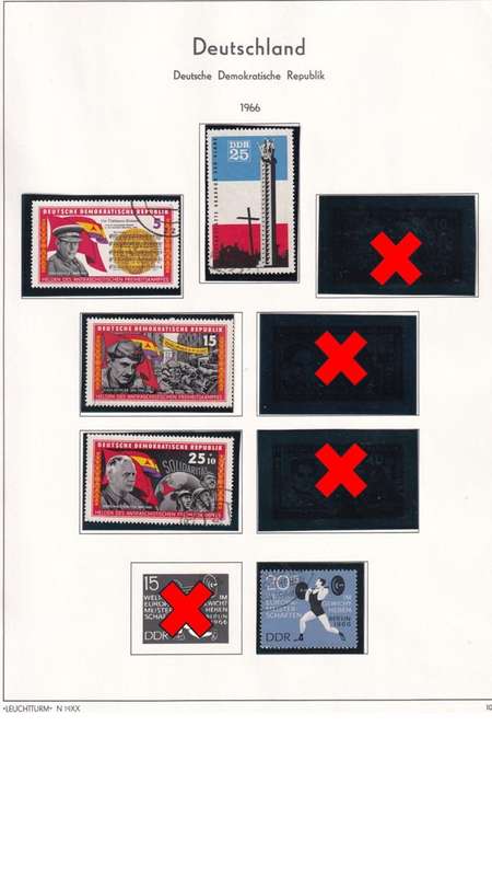 Used Germany DDR stamps on album page. 1 bid for all. Red cross stamps not available.