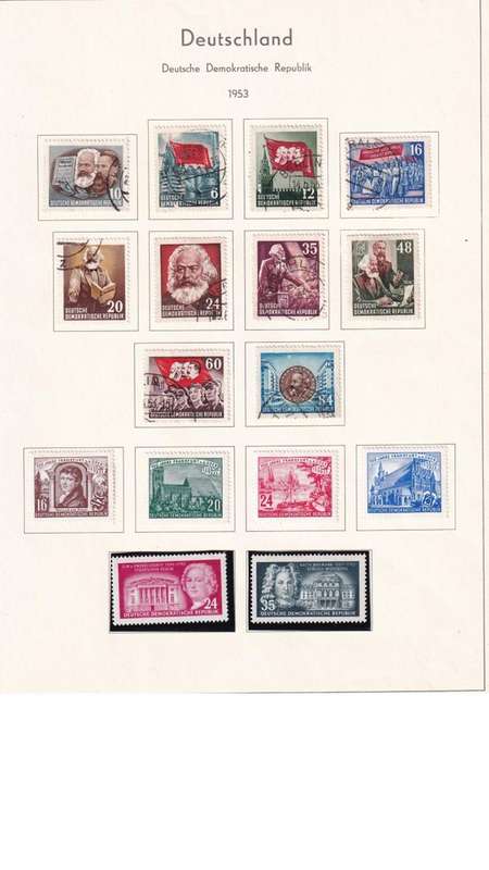 Used Germany DDR stamps on album page. 1 bid for all.