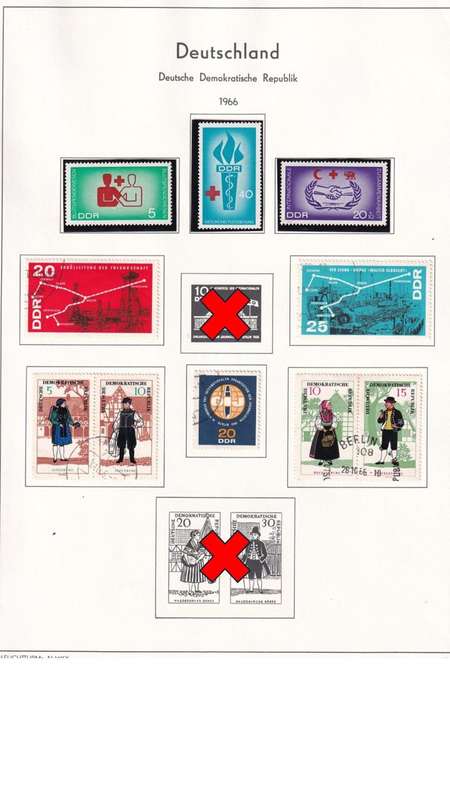 Used Germany DDR stamps on album page. 1 bid for all. Red cross stamps not available.