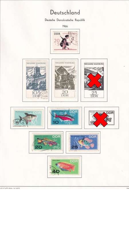Used Germany DDR stamps on album page. 1 bid for all. Red cross stamps not available.