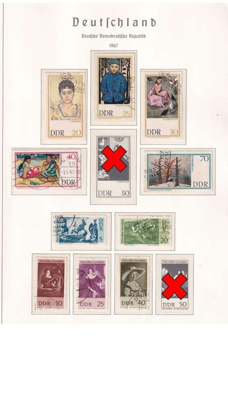 Used Germany DDR stamps on album page. 1 bid for all. Red cross stamps not available.