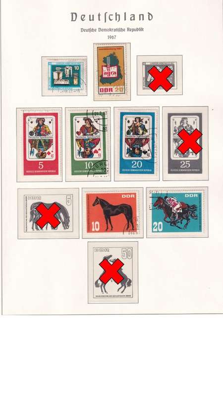 Used Germany DDR stamps on album page. 1 bid for all. Red cross stamps not available.