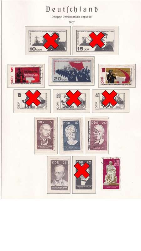 Used Germany DDR stamps on album page. 1 bid for all. Red cross stamps not available.