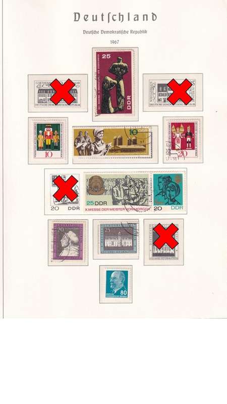 Used Germany DDR stamps on album page. 1 bid for all. Red cross stamps not available.