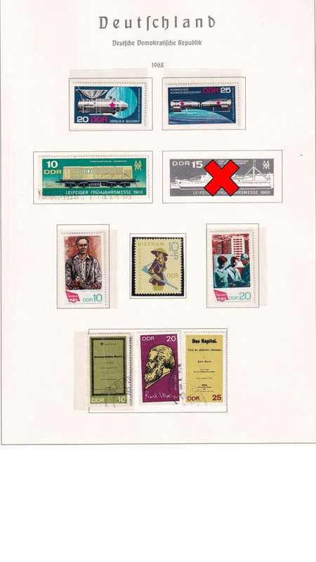 Used Germany DDR stamps on album page. 1 bid for all. Red cross stamps not available.