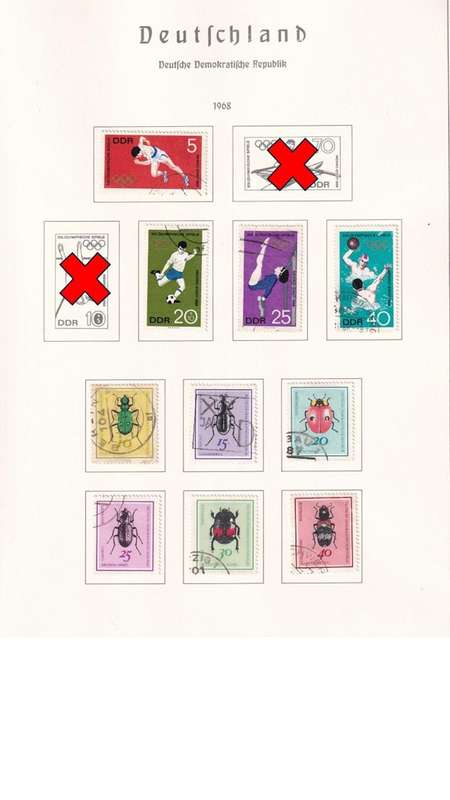 Used Germany DDR stamps on album page. 1 bid for all. Red cross stamps not available.