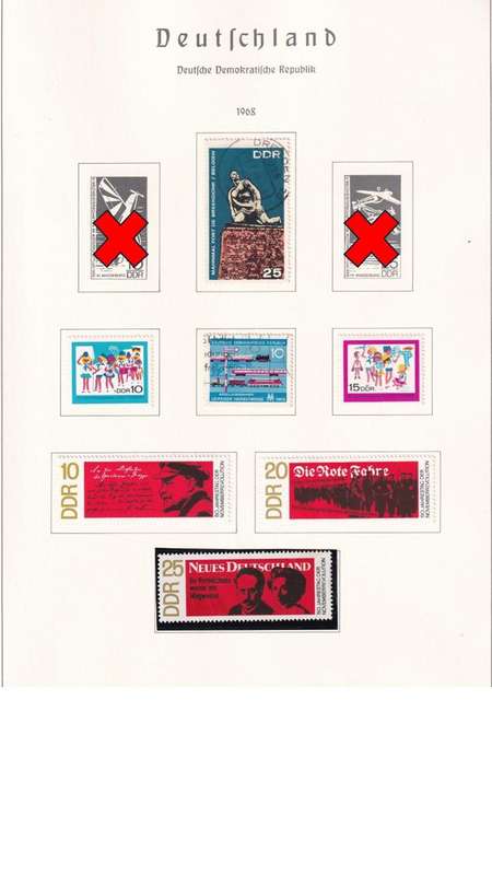Used Germany DDR stamps on album page. 1 bid for all. Red cross stamps not available.