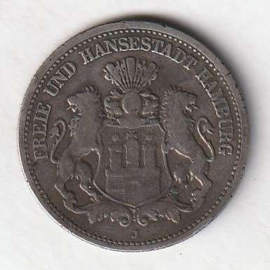 RARE 1876J Deutches Reich, Hamburg, Zwei Marks silver