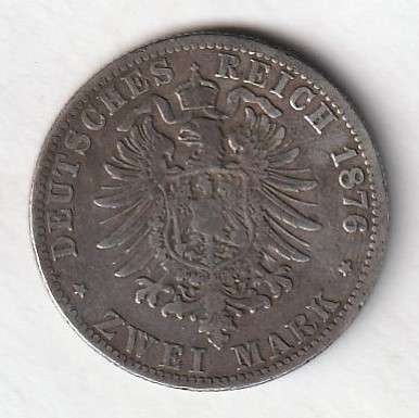 RARE 1876J Deutches Reich, Hamburg, Zwei Marks silver