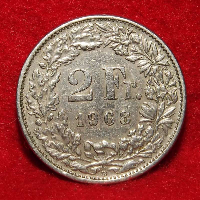 Switzerland, 2 Francs, Helvetia, 1968, London, Copper-nickel