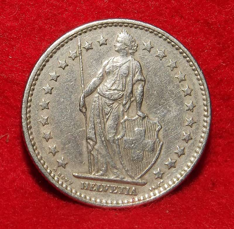 Switzerland, 2 Francs, Helvetia, 1968, London, Copper-nickel