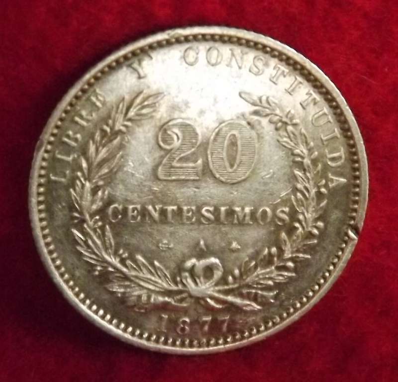 Very RARE 1877 Uruguay 20 Centesimos- Silver chop mark