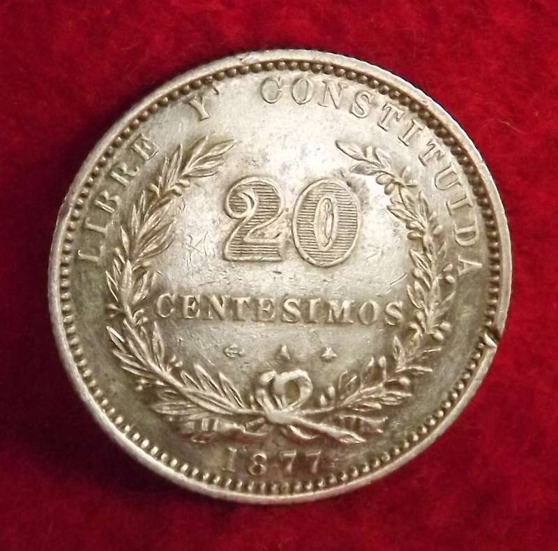 Very RARE 1877 Uruguay 20 Centesimos- Silver chop mark