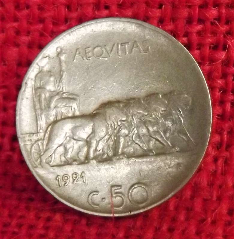 ITALY KINGDOM 1921-R 50 CENTESIMI COIN, REEDED, KEY DATE!