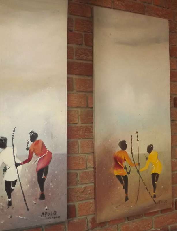Pair Large ethnic acrylic on stretch canvas paintings, Original signed and dated LOW START !!